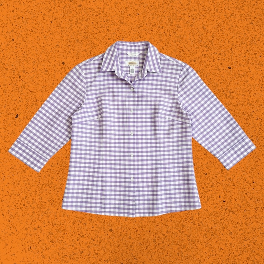VTG Y2K Talbots Petites Silk Lavender‎ Gingham Check Button Down Shirt Size 2P